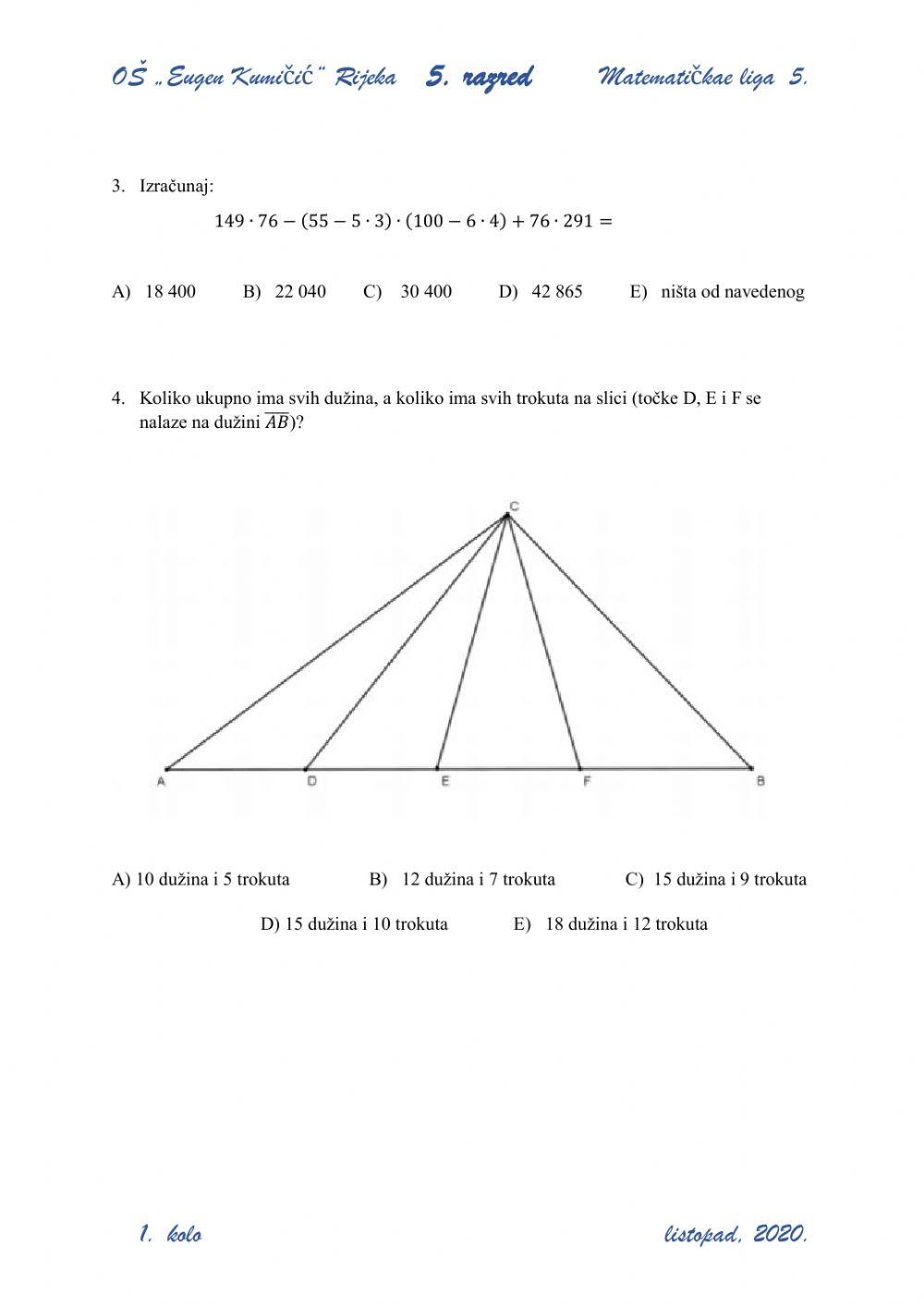 MATEMATIČKA LIGA 1 KOLO 5 RAZRED