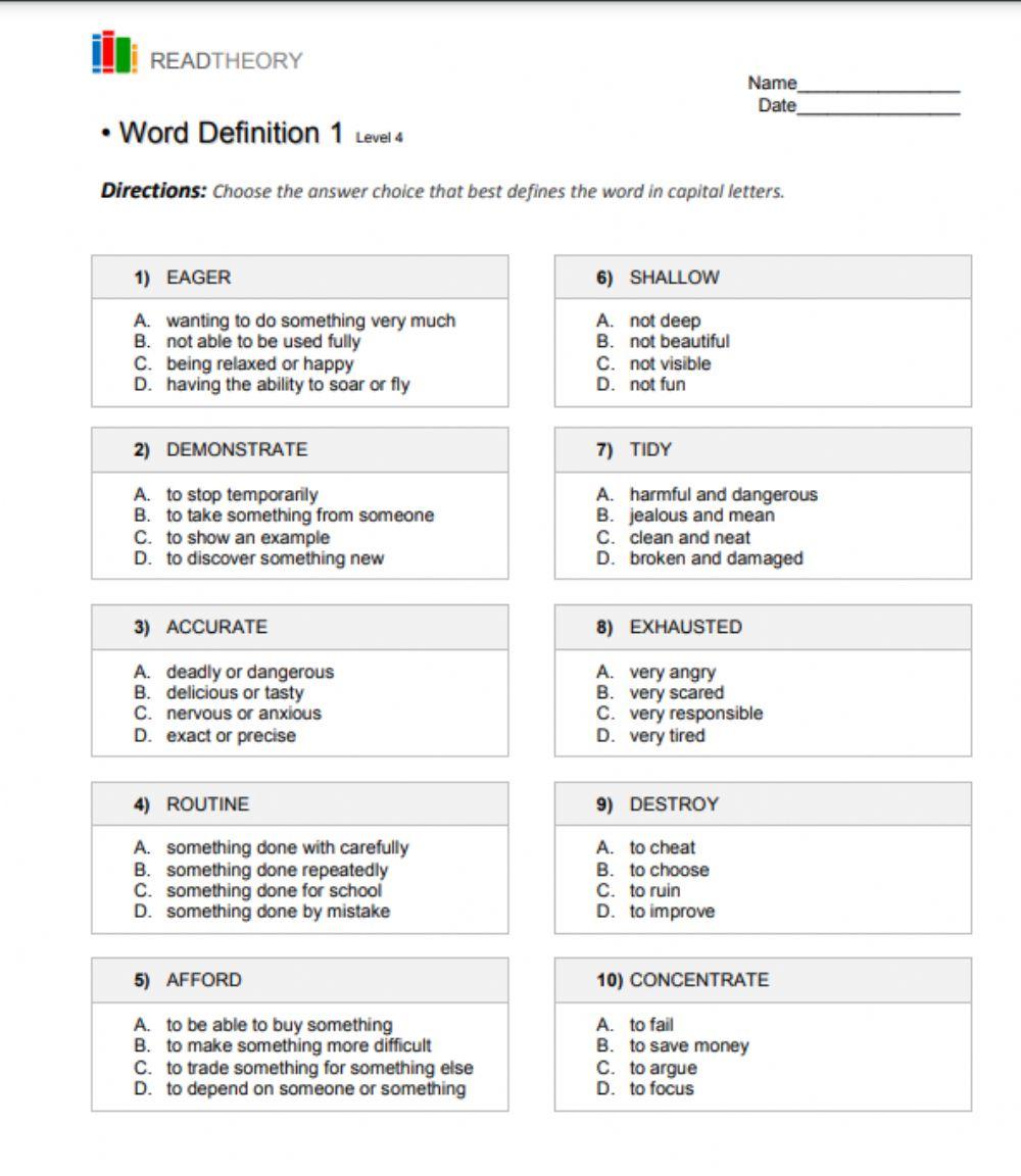 Vocabulary level 4 word definition 1 online exercise for live worksheets