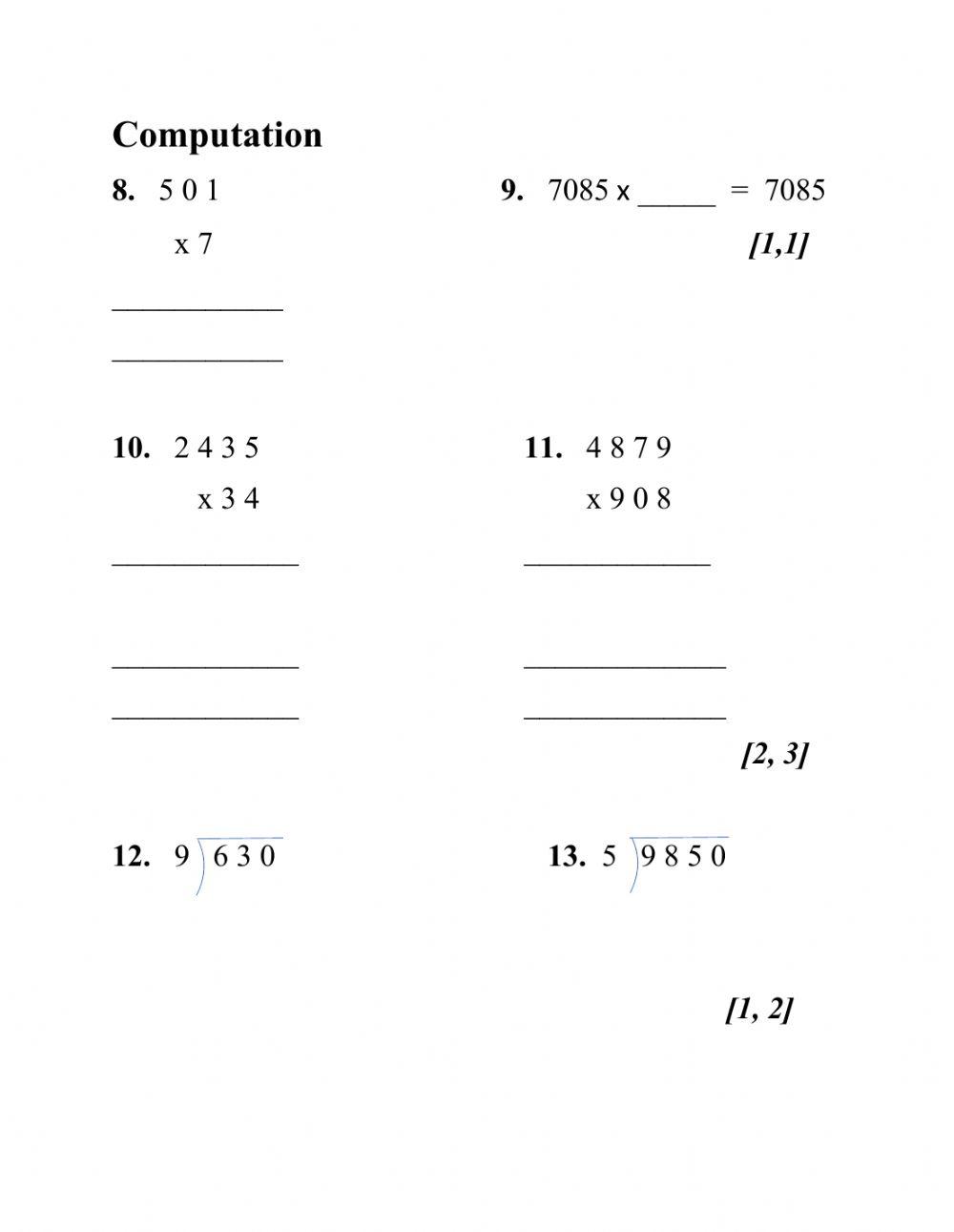 Computation Pretest worksheet | Live Worksheets