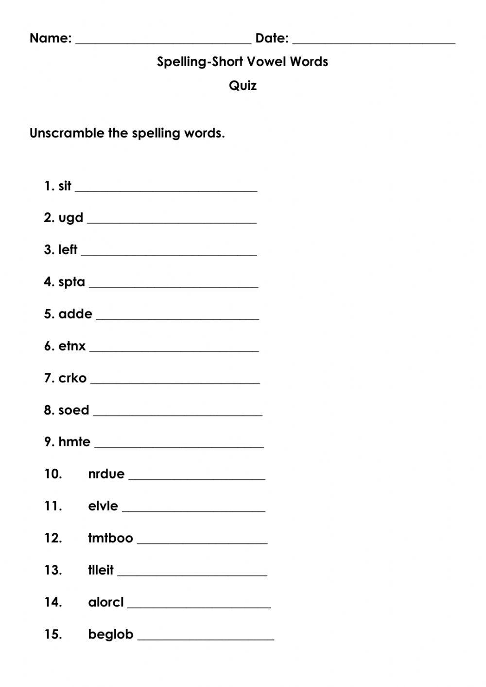 Short Vowel Spelling Word Quiz