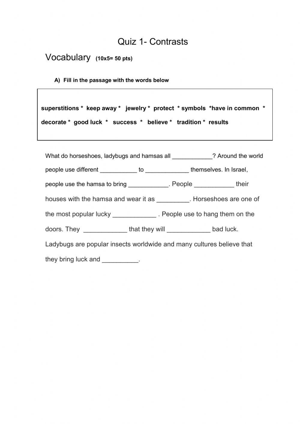 Contrasts unit 1 vocabulary and present simple quiz quiz