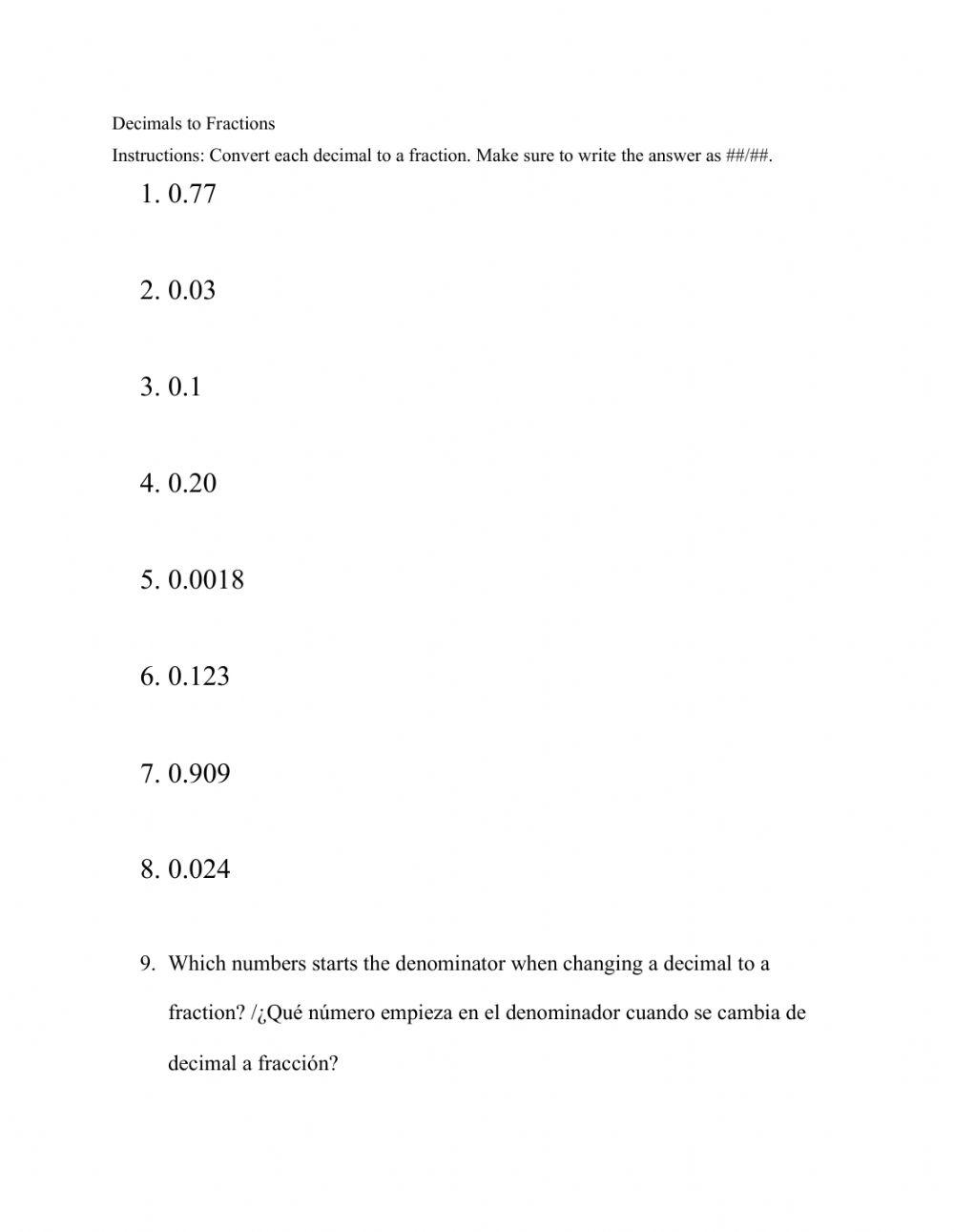 Convert decimals to fractions