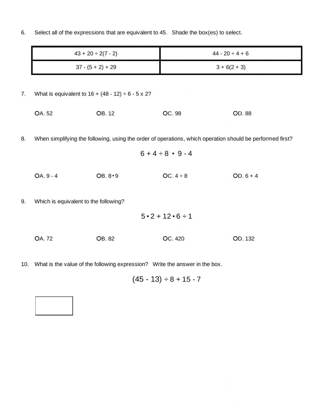 5.7 Order of Operations Quiz