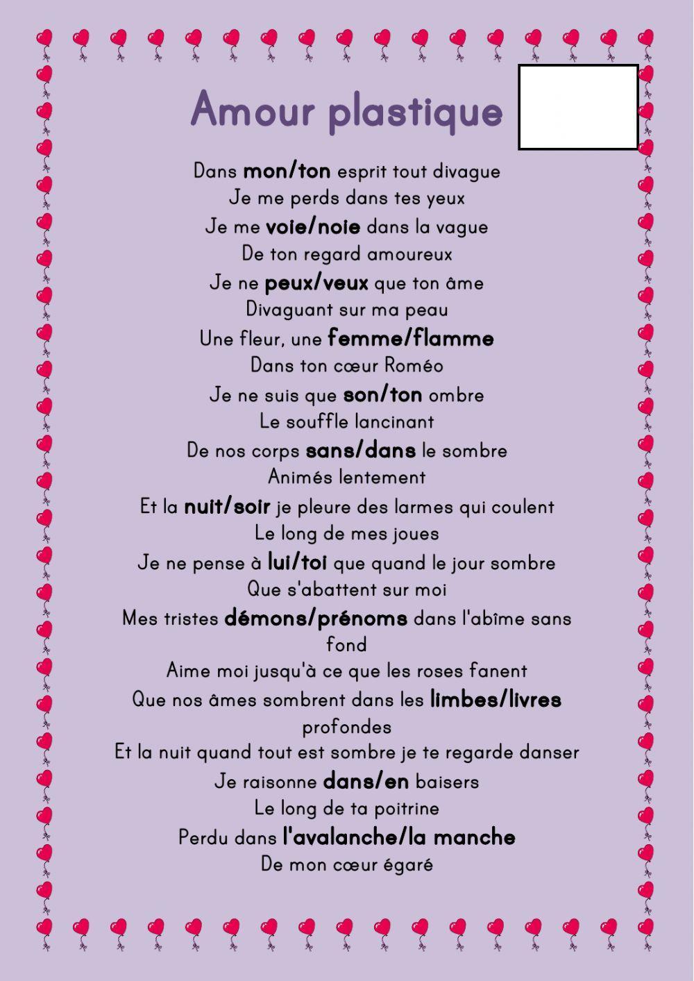 Amour Plastique worksheet | Live Worksheets
