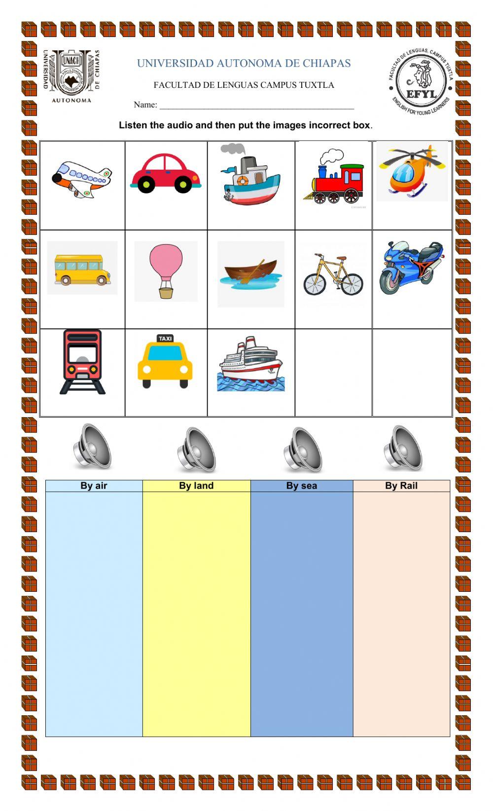 Modes of transportation activity live worksheets