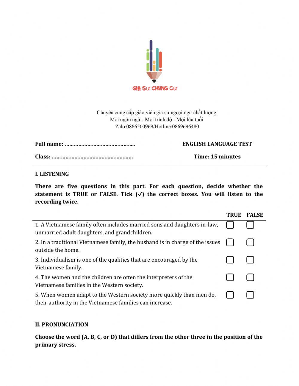 Lớp 10 - Kiểm tra 15 phút - Kỹ năng Nghe + Ngữ âm số 3