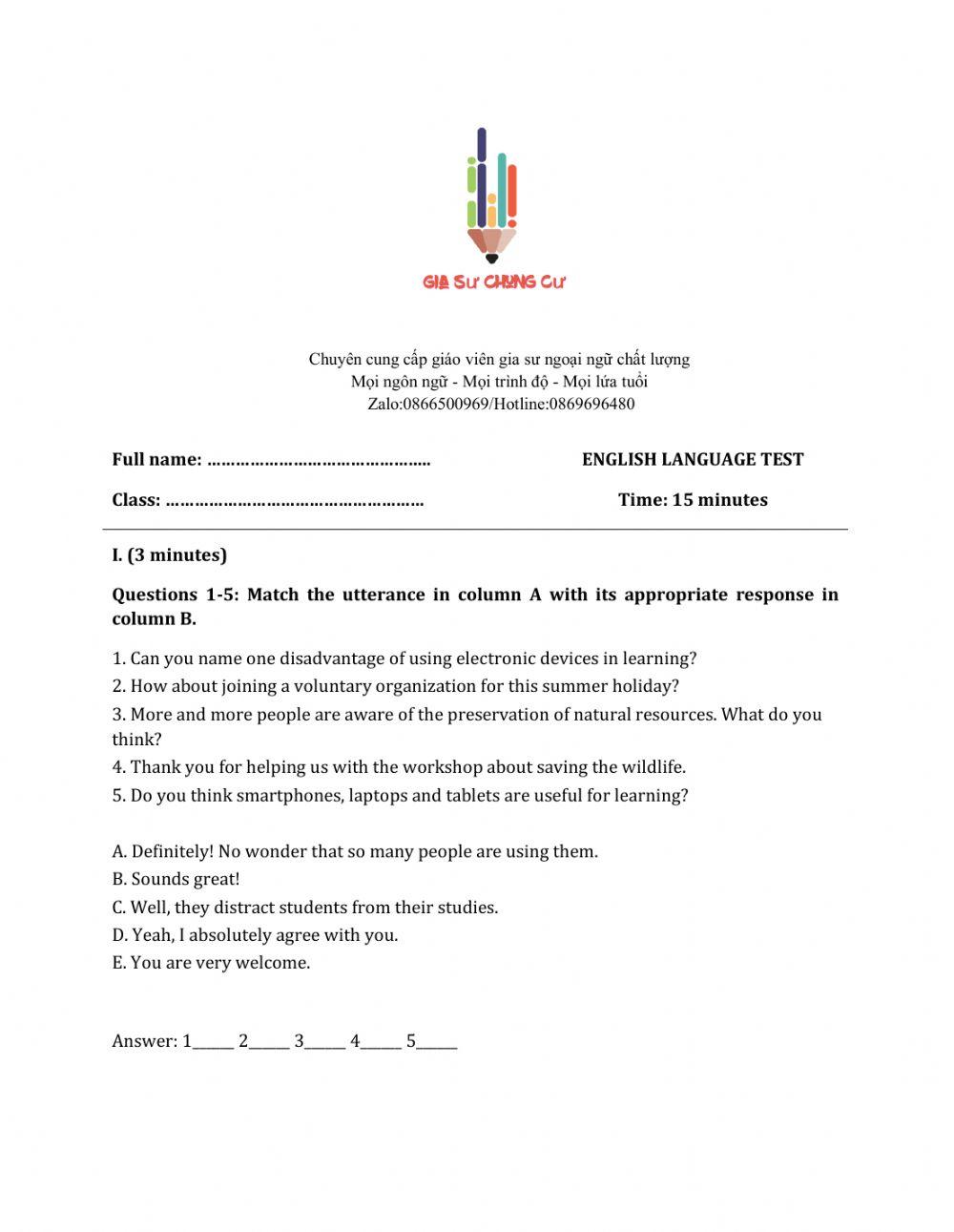 Lớp 10 - Kiểm tra 15 phút - Kỹ năng Nói + Từ vựng số 4