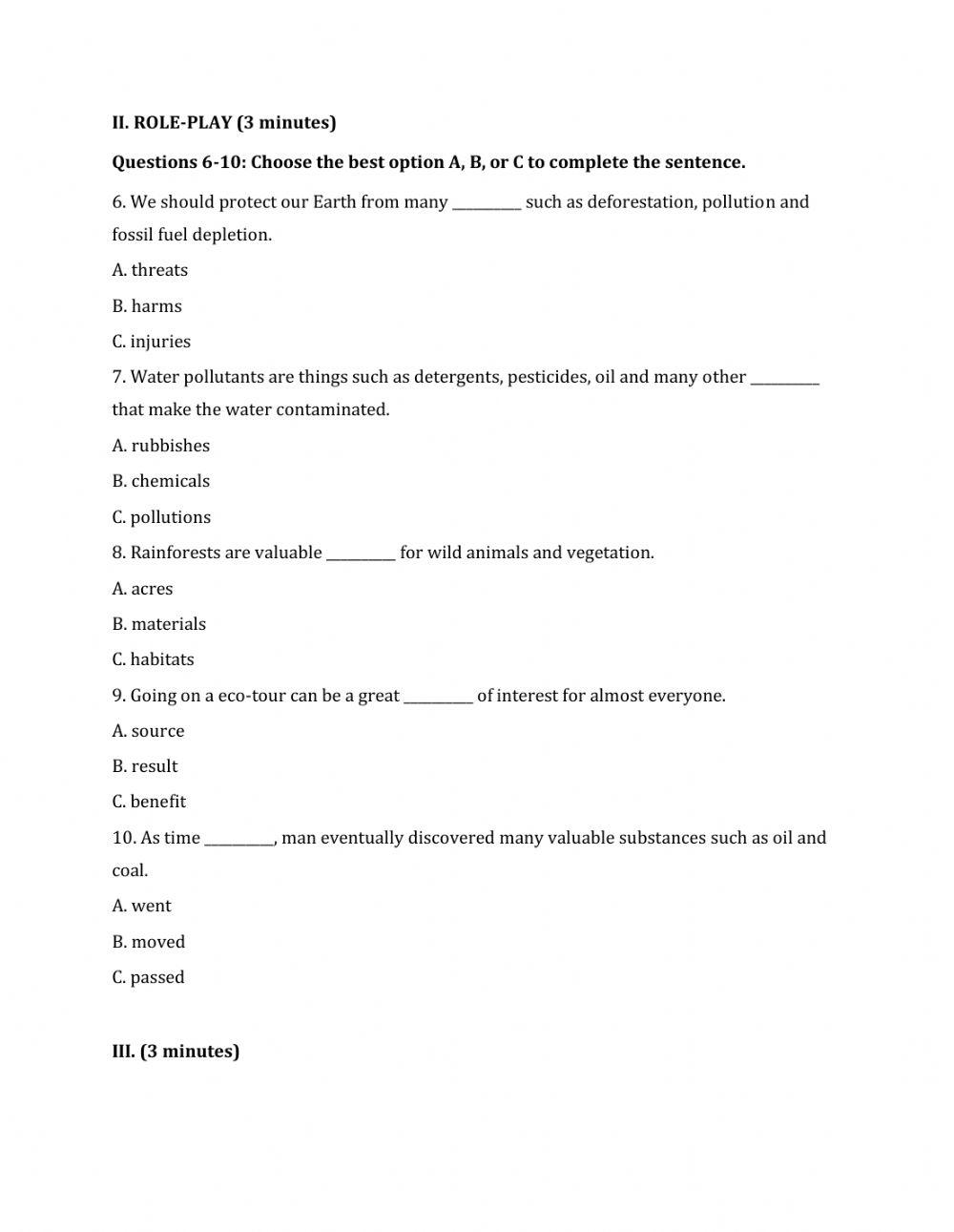 Lớp 10 - Kiểm tra 15 phút - Kỹ năng Nói + Từ vựng số 4