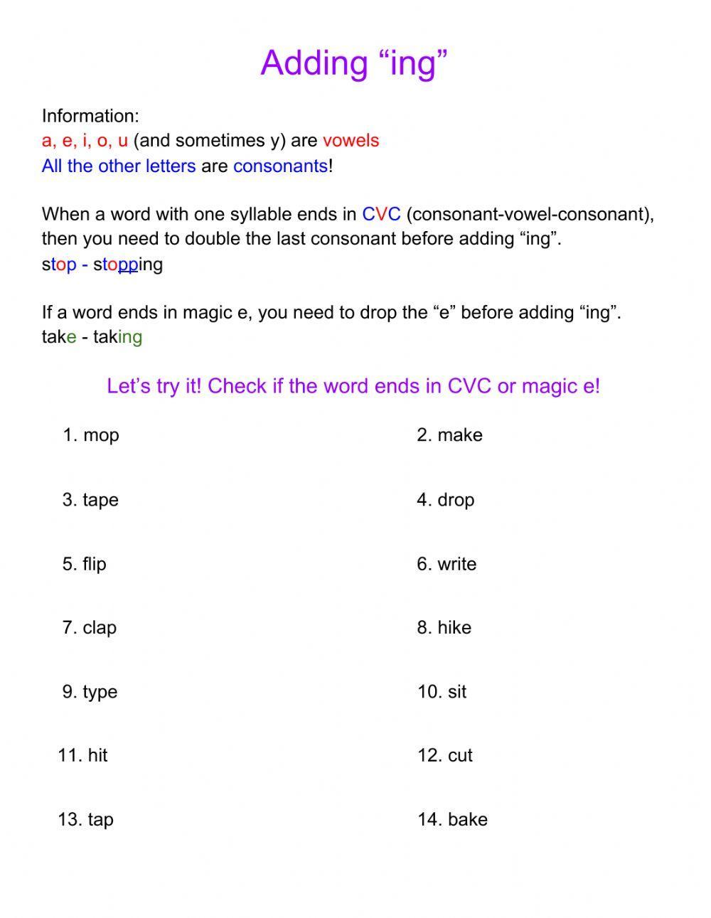 Adding -ing- to words ending in CVC or magic e