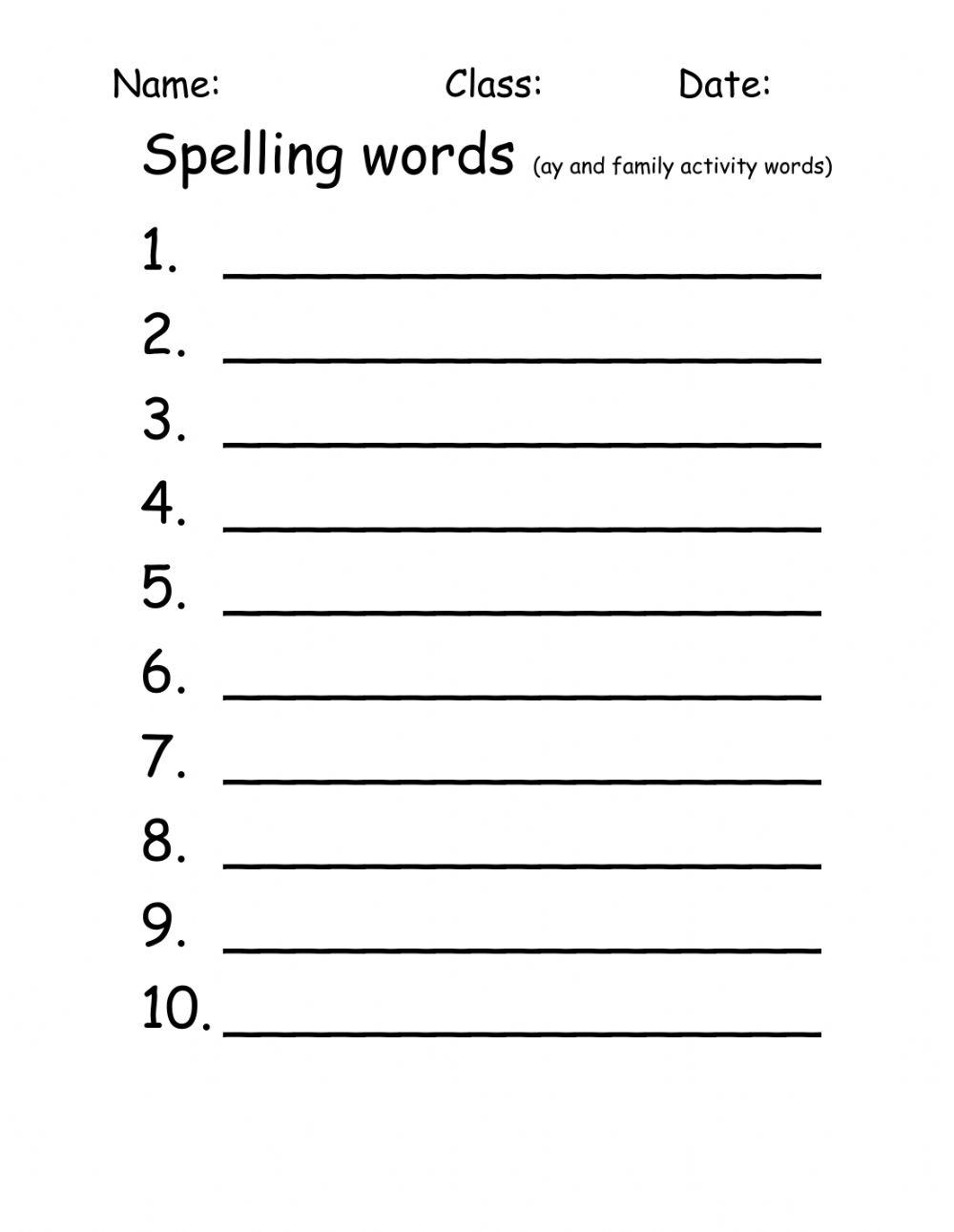 Spelling test ay and family activity words