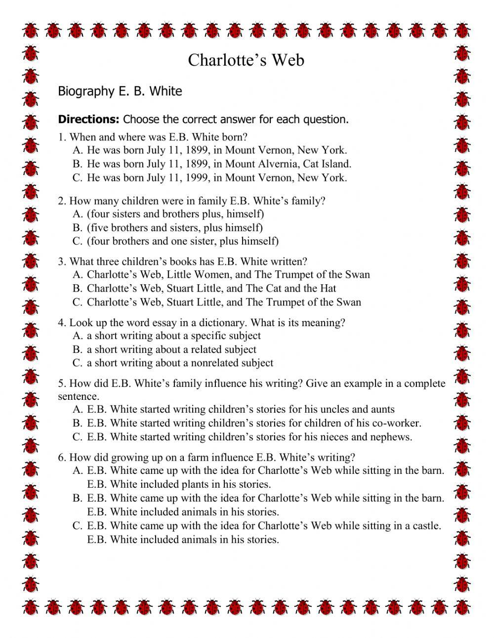 Biography E. B. White Worksheet Grade 4