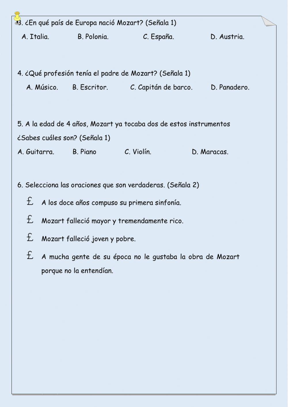 El gran Mozart. Comprensión lectora
