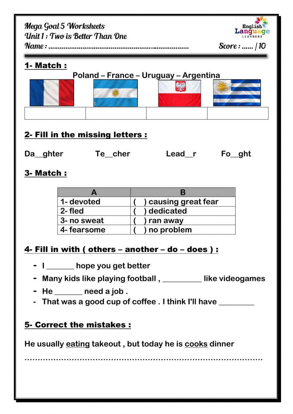Unit 1 Two Is Better Than One -  worksheets