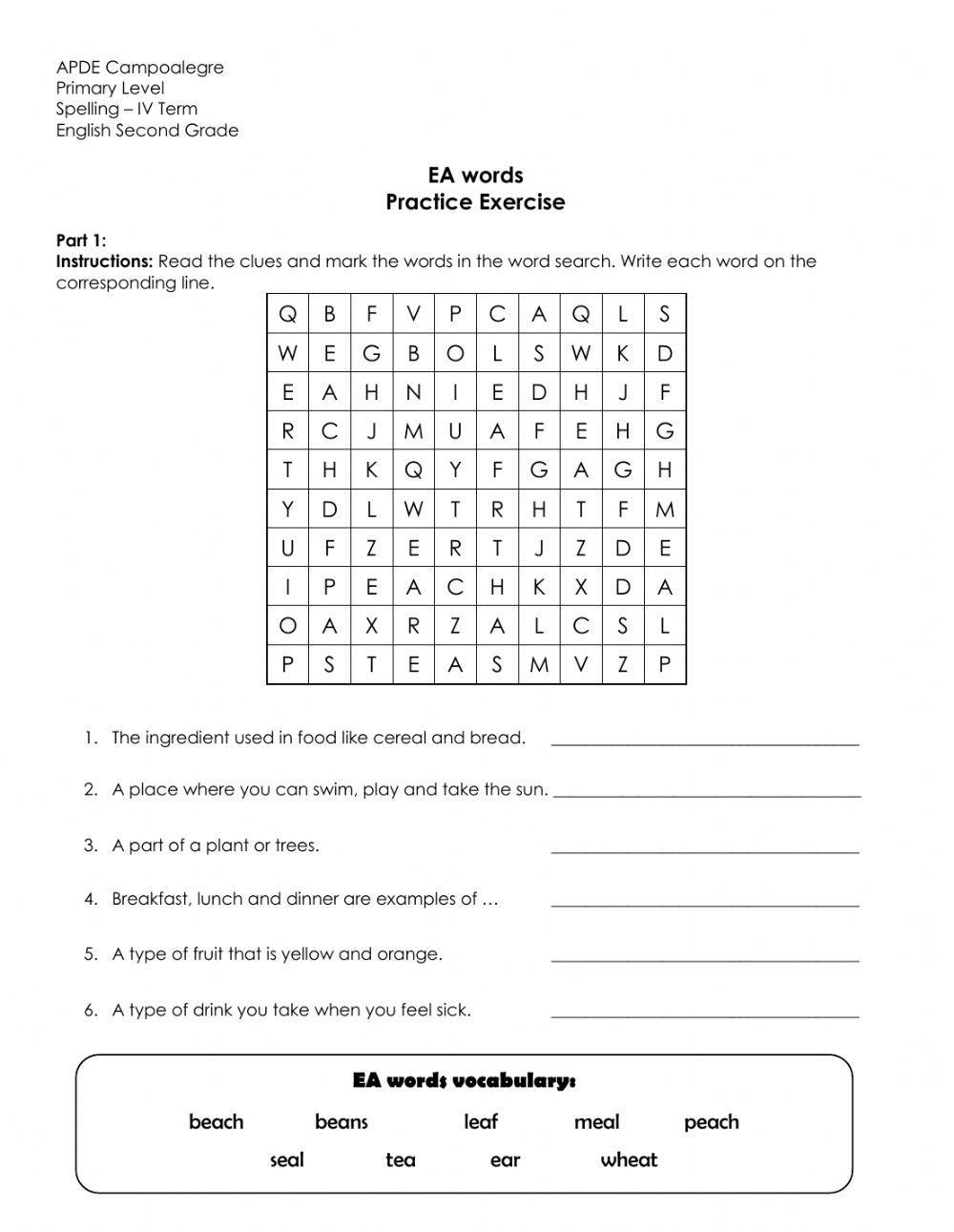 Words with ea practice exercise