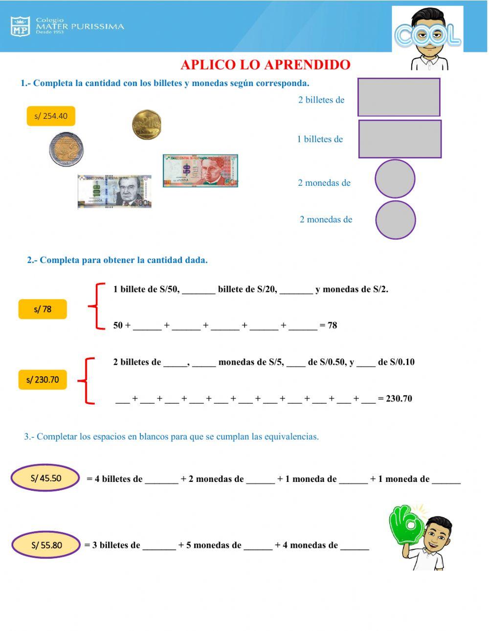 Equivalencia de billetes y monedas