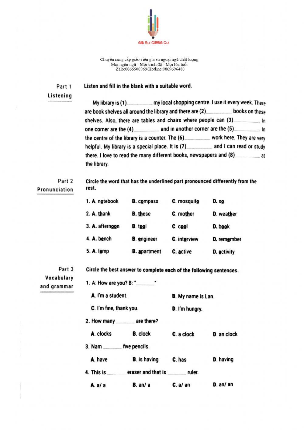 Giữa kỳ lớp 6 (Test 6)