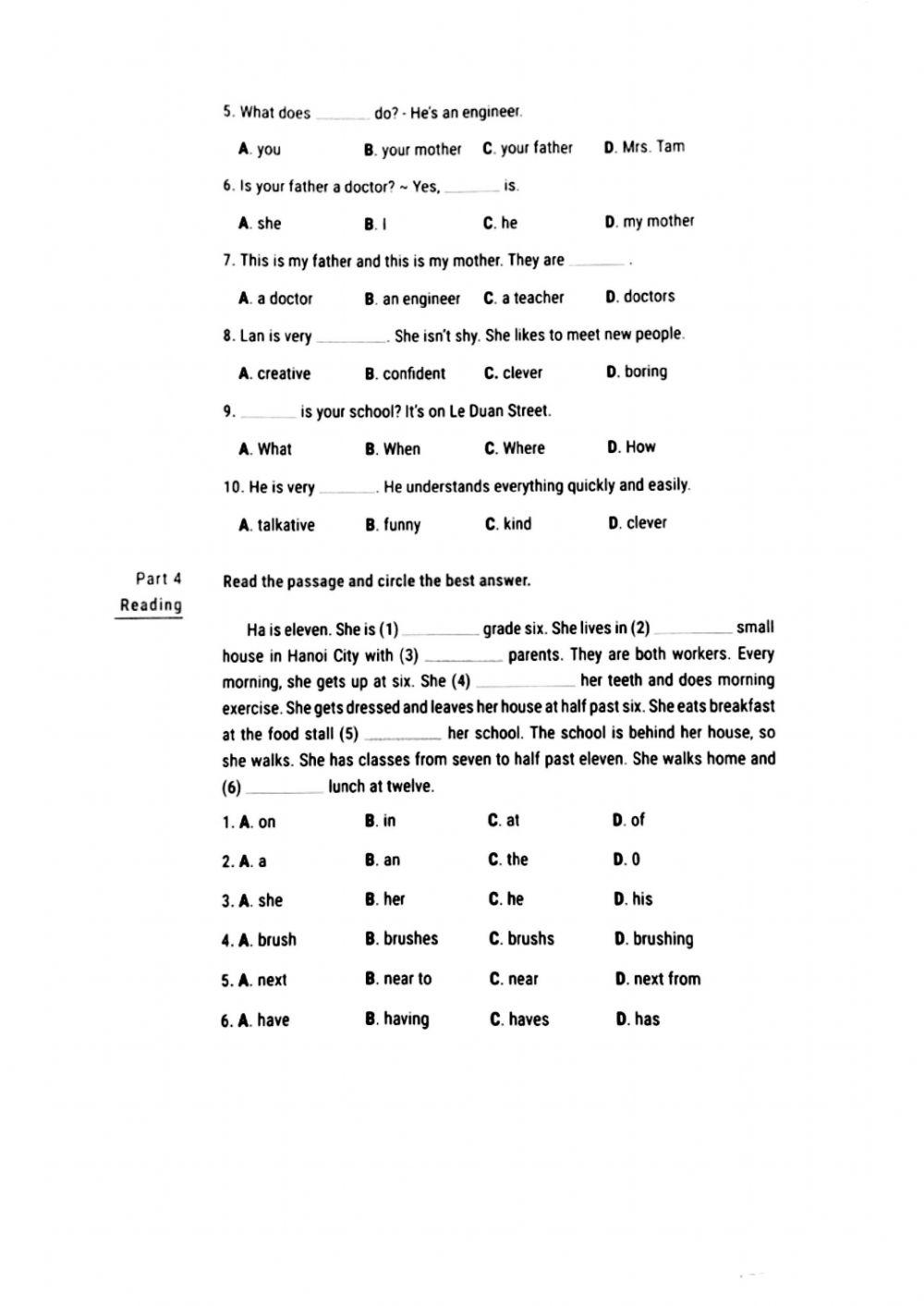 Giữa kỳ lớp 6 (Test 6)