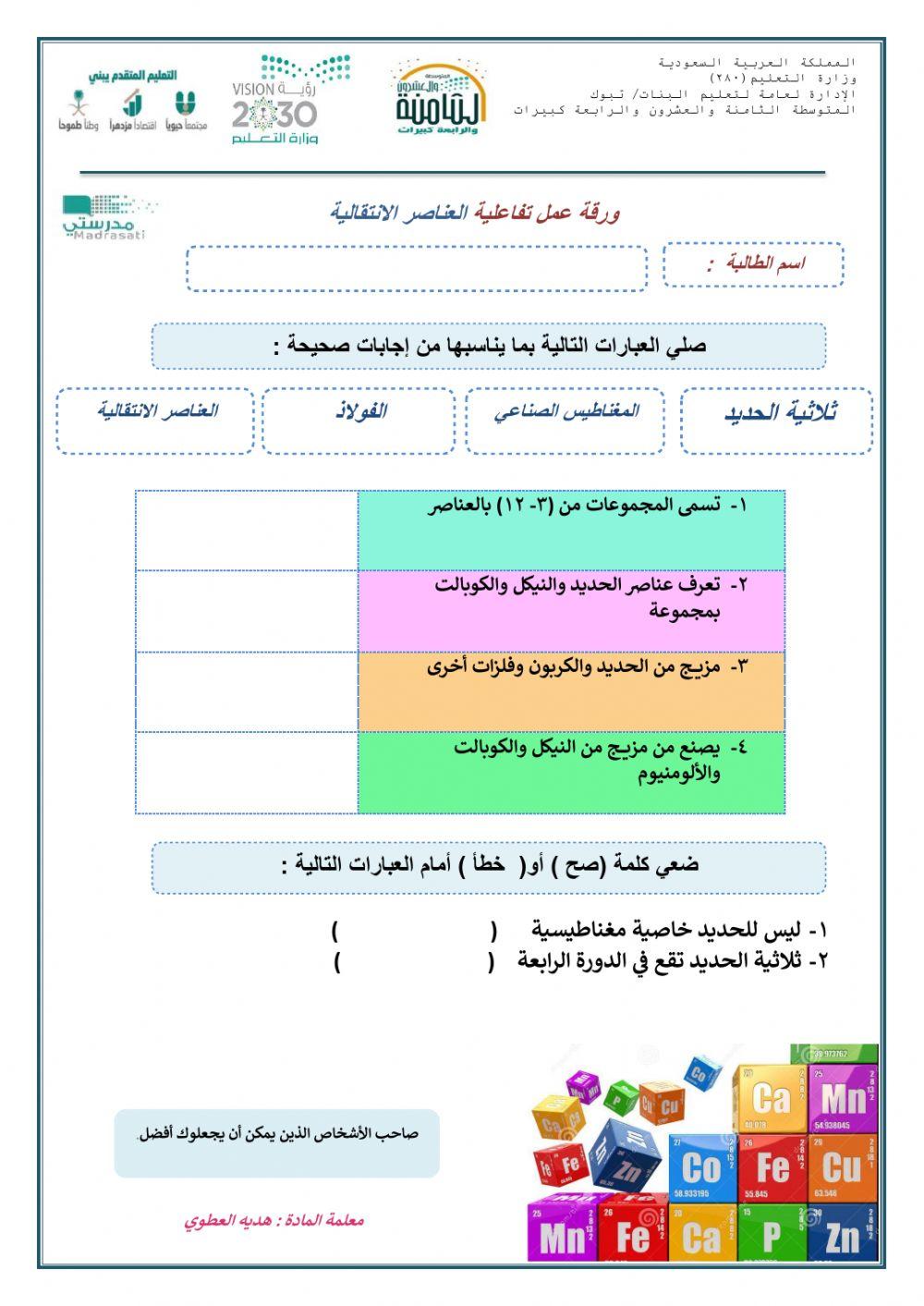 ورقة عمل تفاعلية العناصر الانتقالية