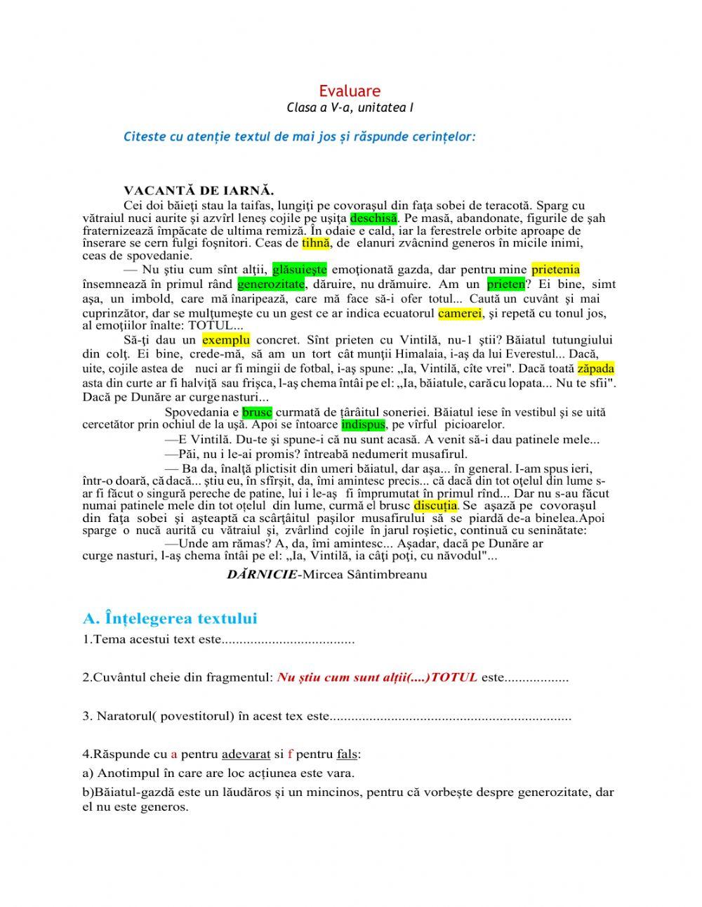 Evaluare clasa a V-a Unitatea I