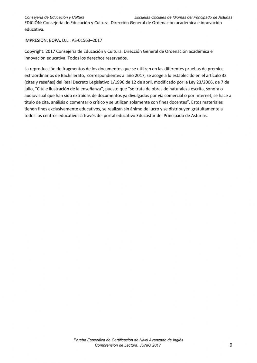 B2 READING TEST EDUCASTUR JUN 2017