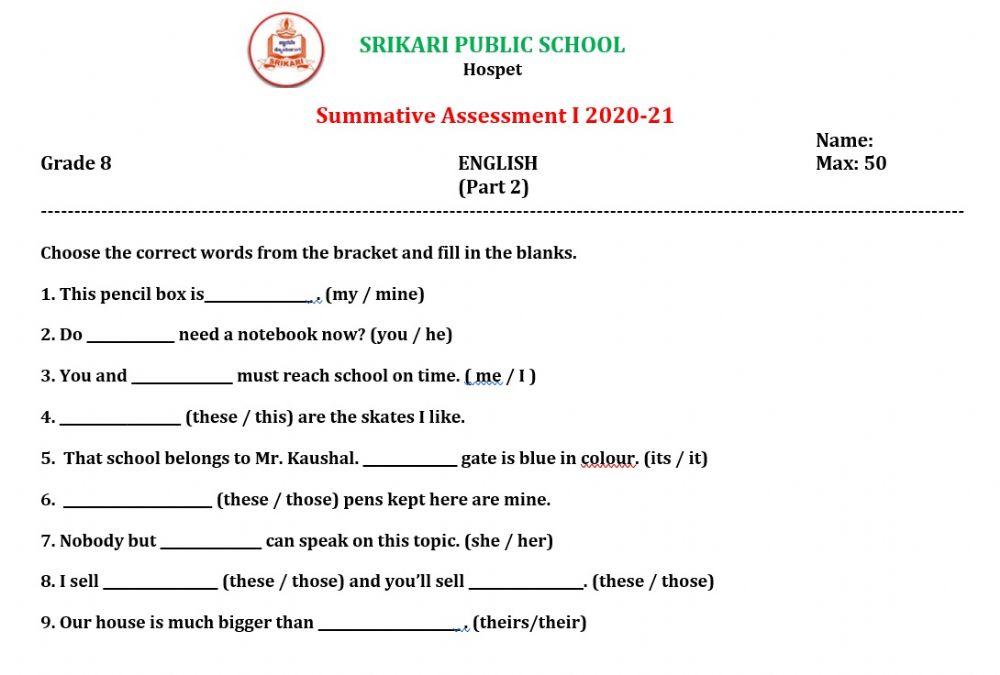 Srikari Public School VIII std English SA 1 Part 2