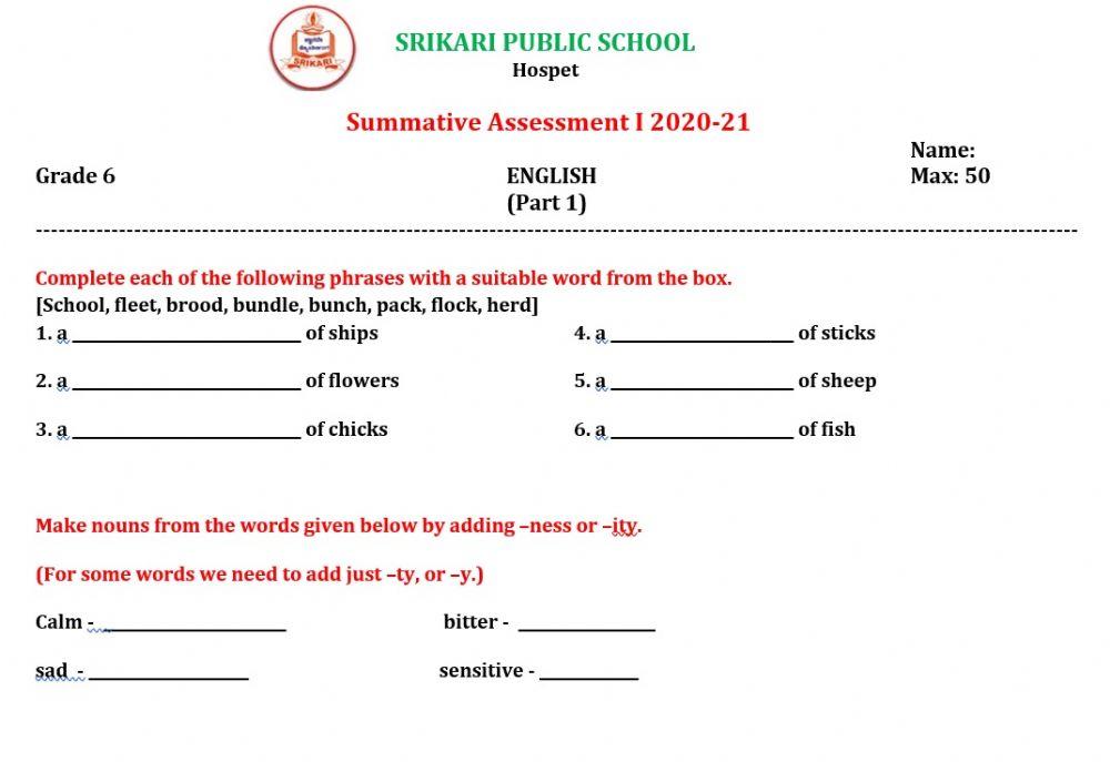 Srikari Public School VI std English SA 1 Part 1