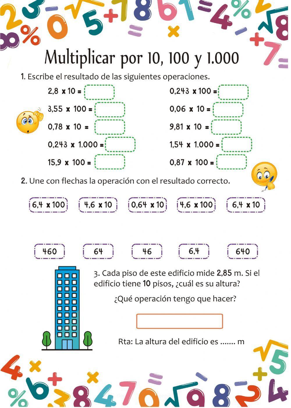 Multiplicación de un decimal por 10, 100 y 1000