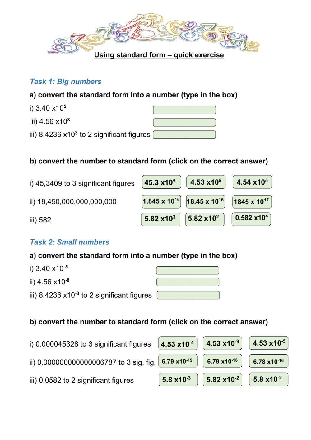 Standard form quick exercises liveworksheets