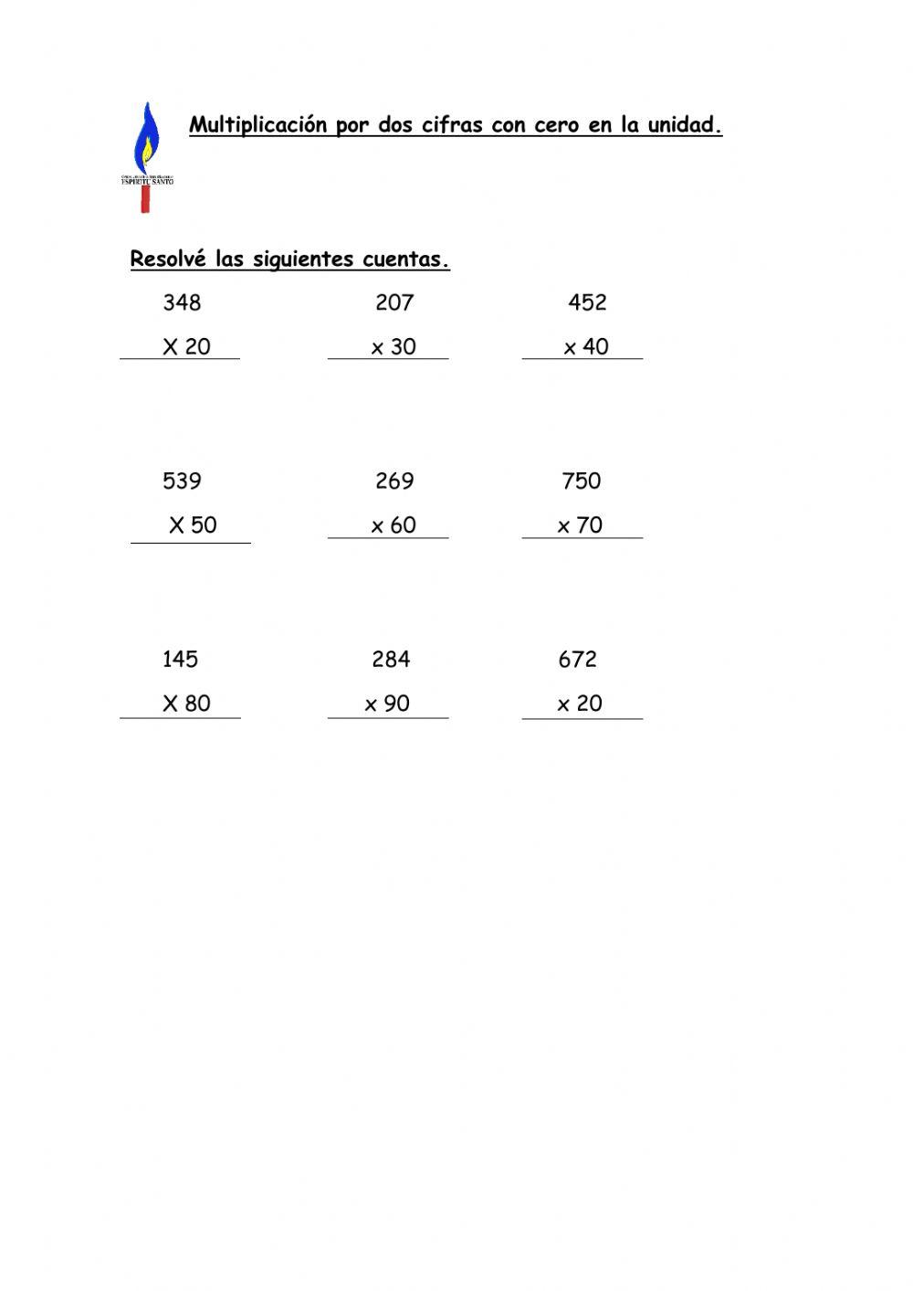 Multiplicación por dos cifras con cero en la unidad