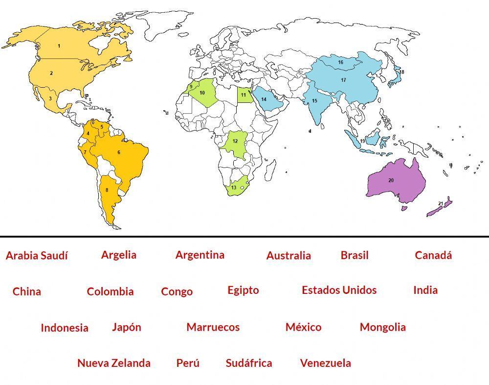 Paises principales del mundo (excepto Europa)