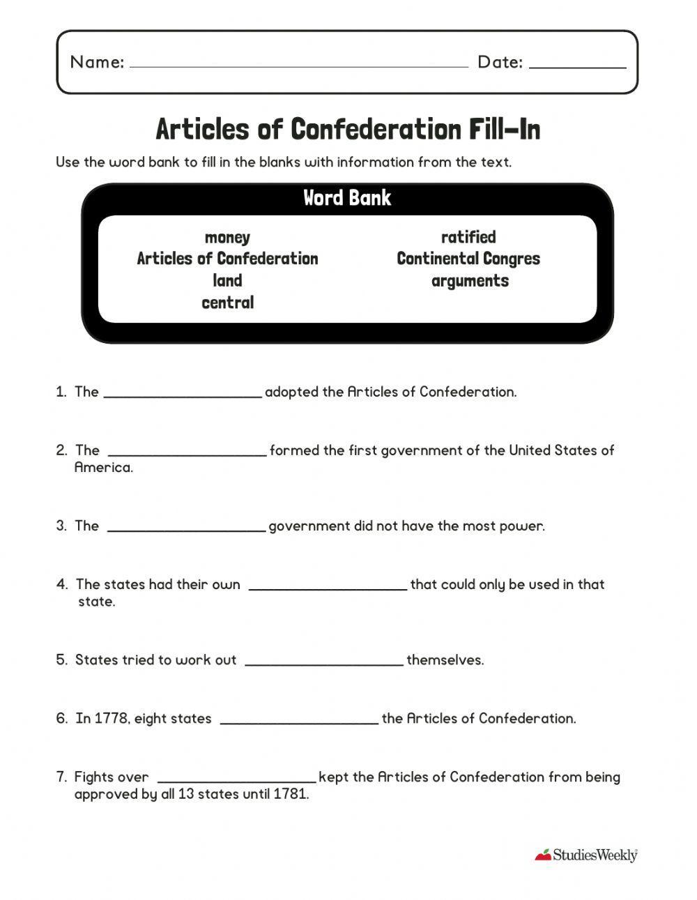 Articles of Confederation Studies Weekly