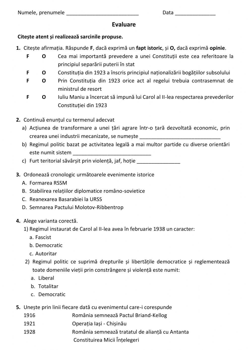 Evaluare cl.IX Istoria romanilor