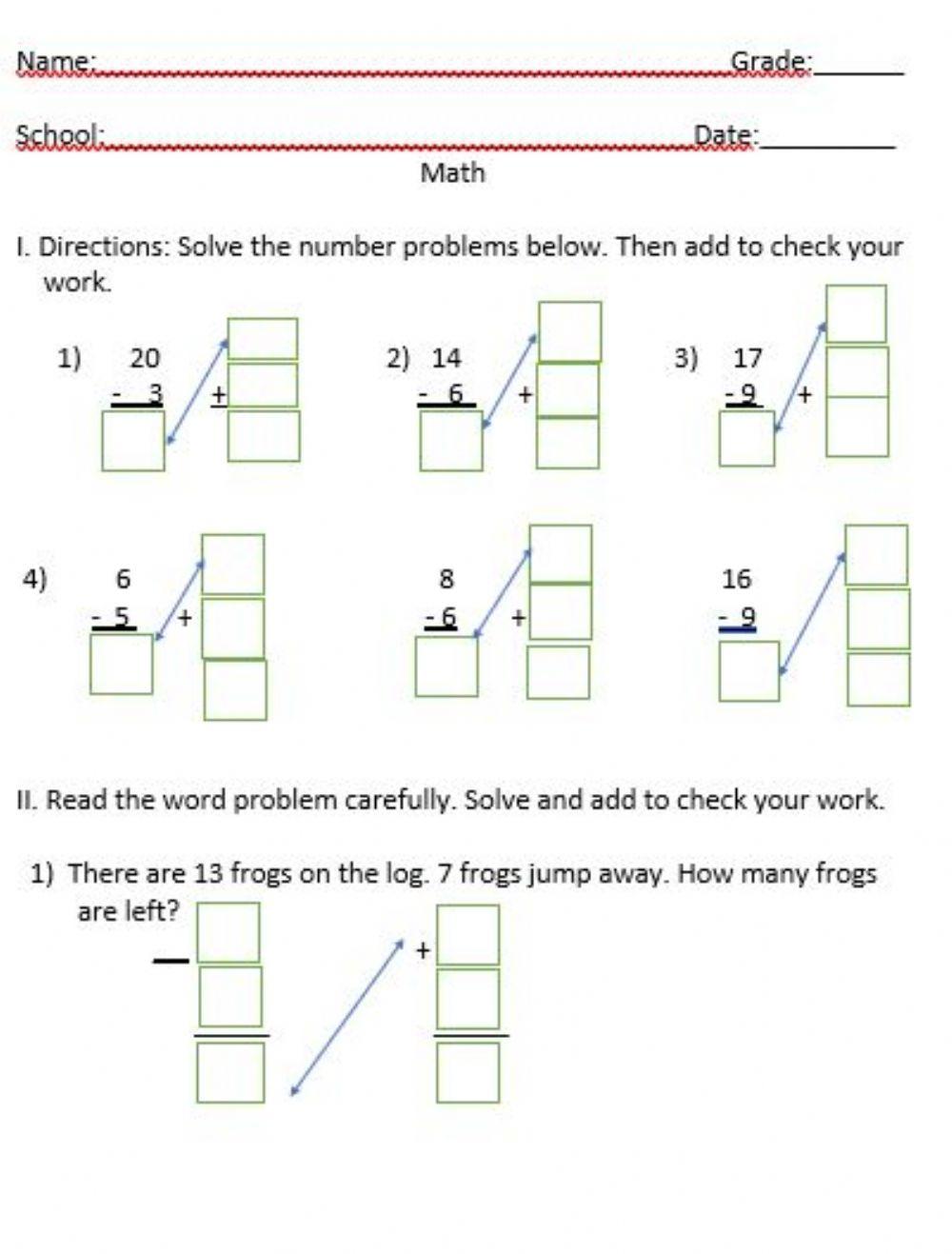 Using addition to check subtraction worksheet | Live Worksheets using-addition-to-check-subtraction-worksheet-live-worksheets