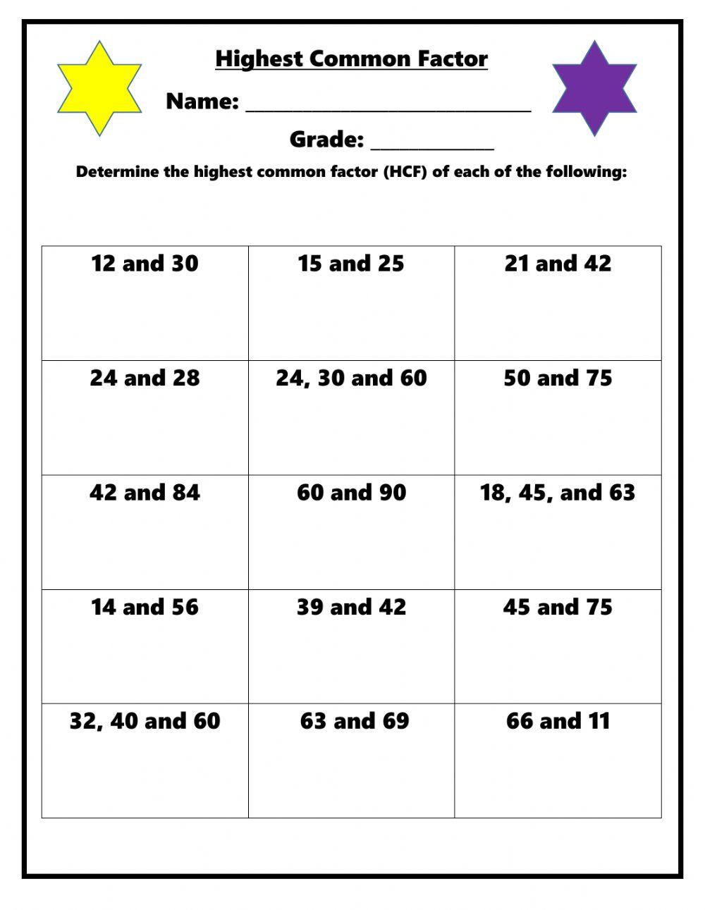 Highest Common Factor (HCF) online exercise for | Live Worksheets