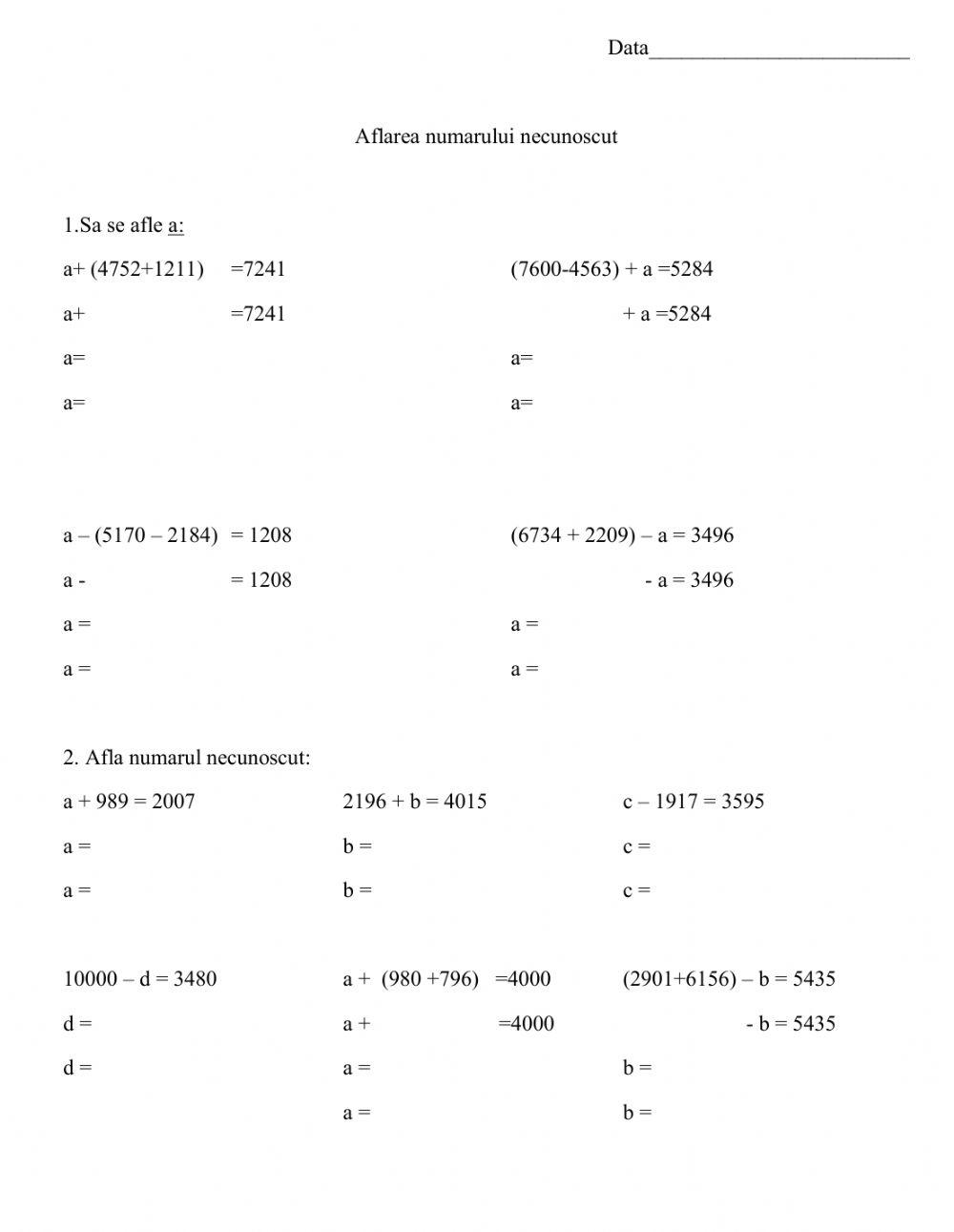Aflarea numarului necunoscut-exercitii