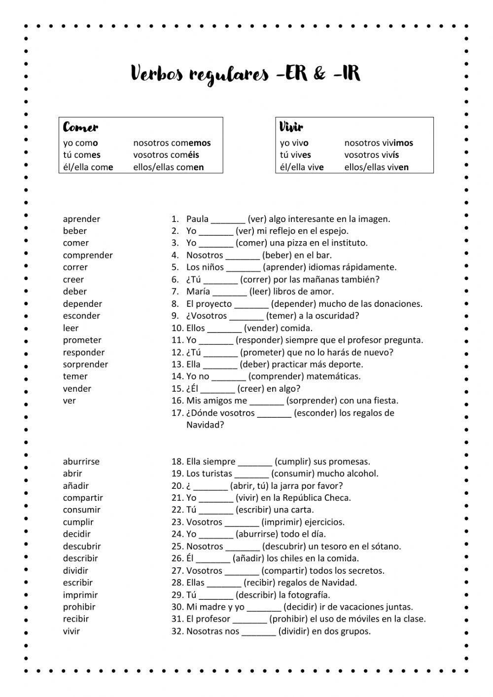 Verbos regulares ER IR