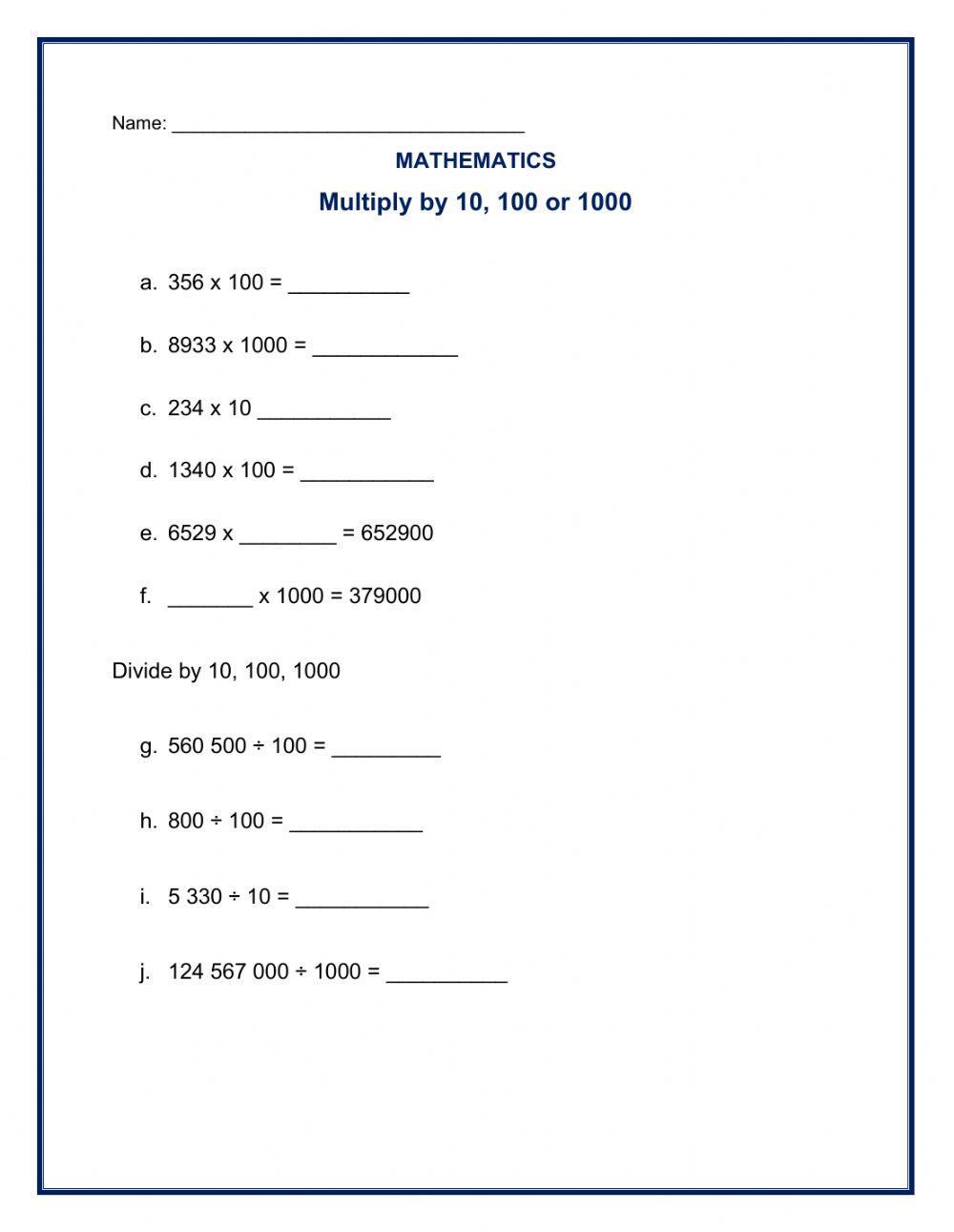 Multiply and Divide by 10, 100 and 1000 Multiply and Divide by 10, 100 and 1000