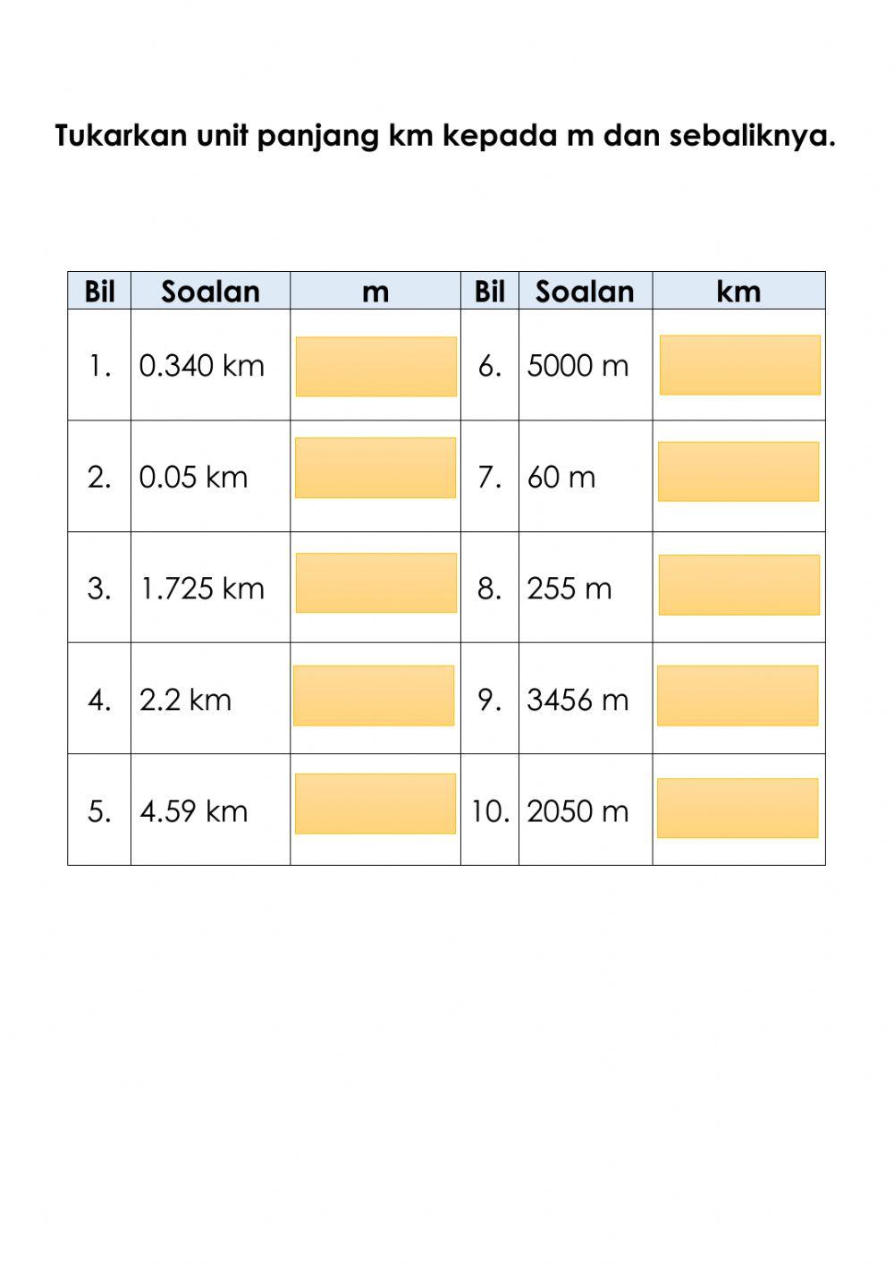 Penukaran unit panjang km dan m