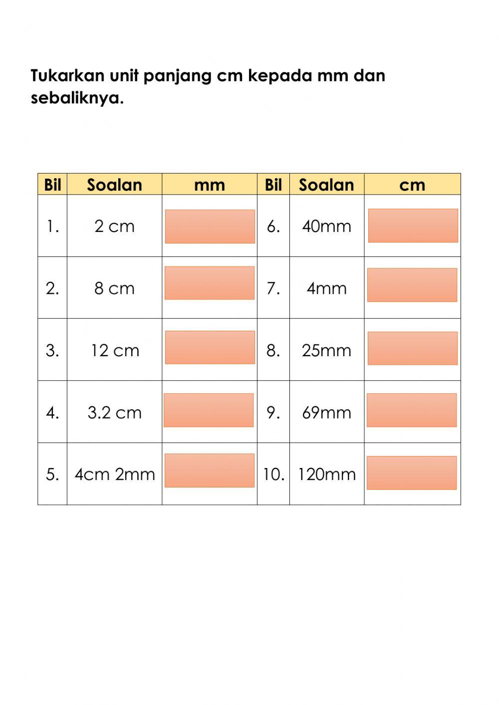 Penukaran unit panjang cm dan mm