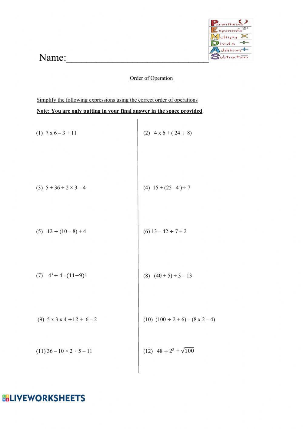 Order of operations Worksheet Order of operations Worksheet