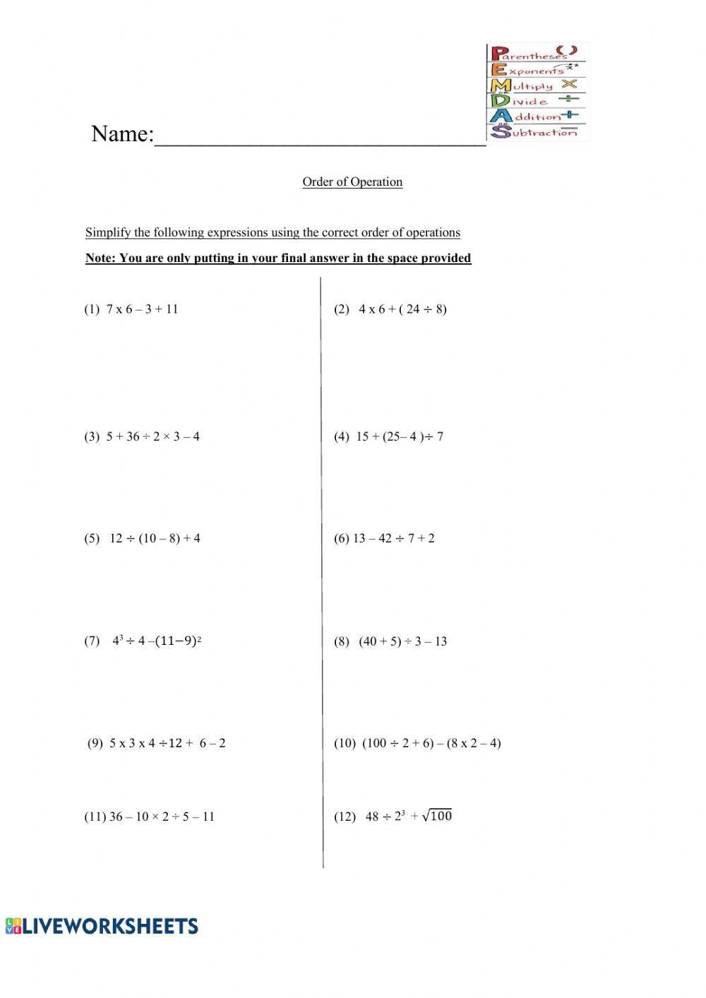 Order of operations Worksheet