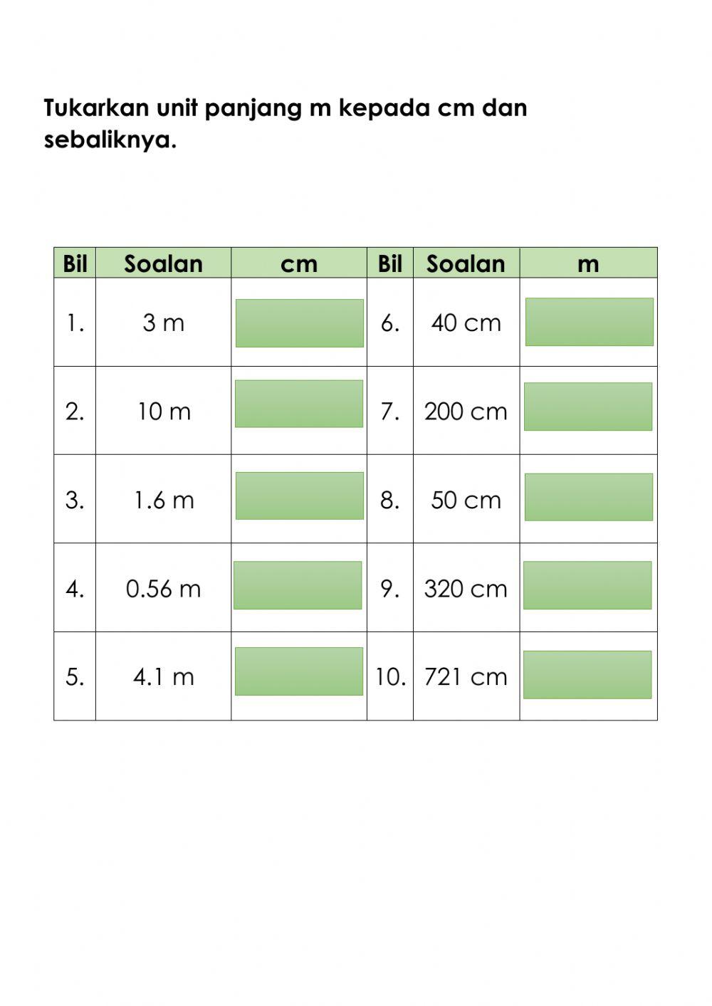 Penukaran unit panjang m dan cm