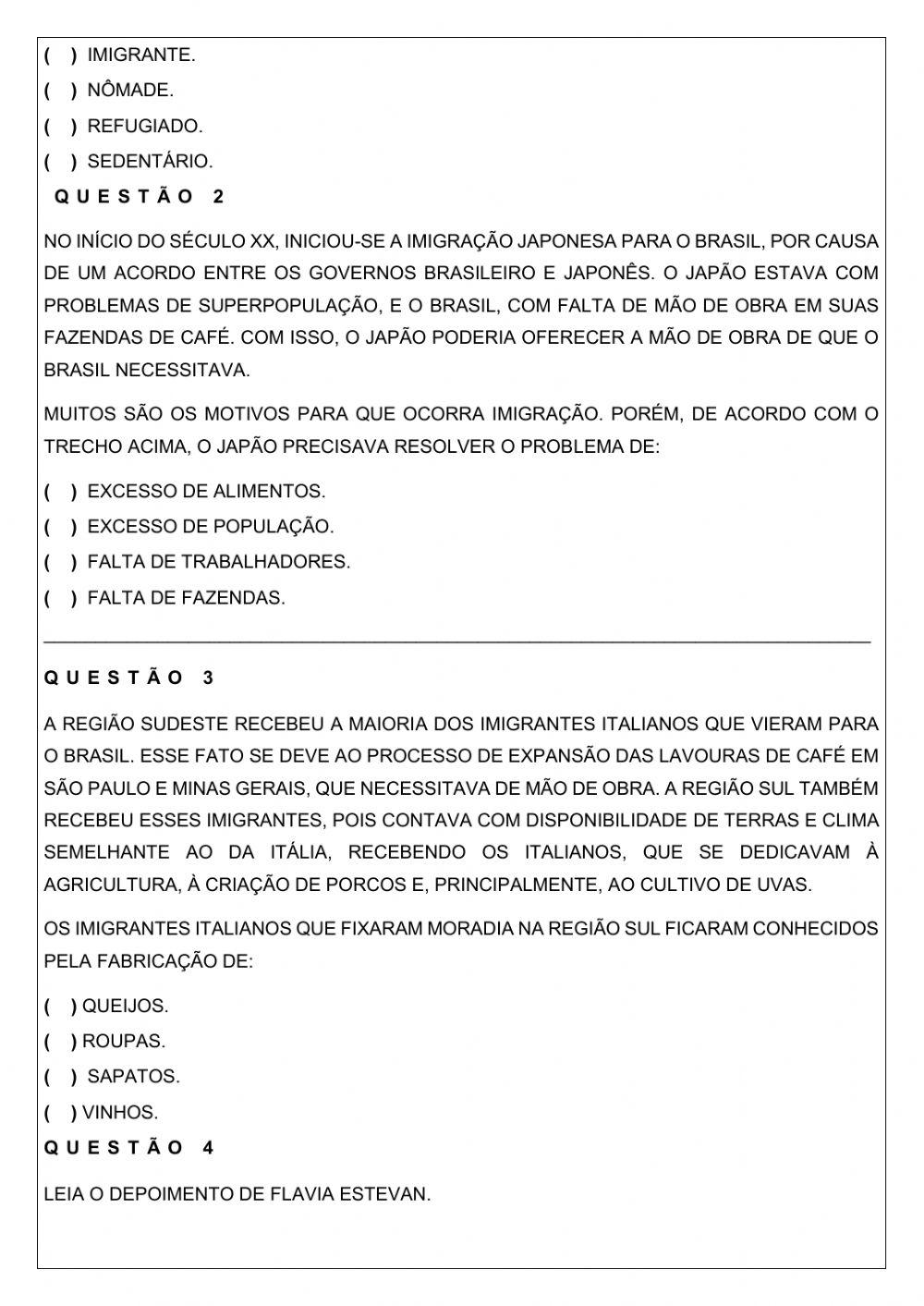 Chegada dos imigrantes no Brasil