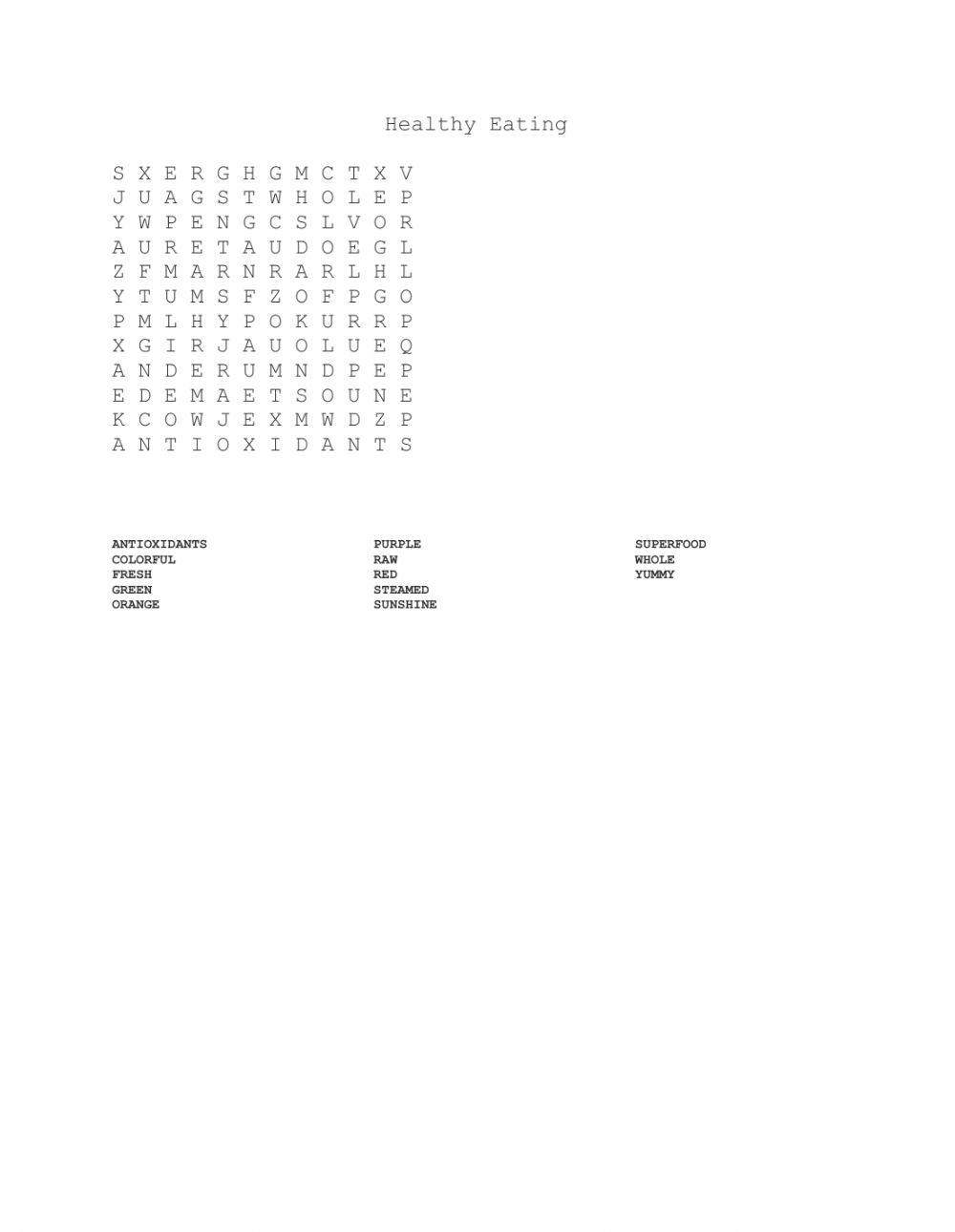 Healthy Eating crossword