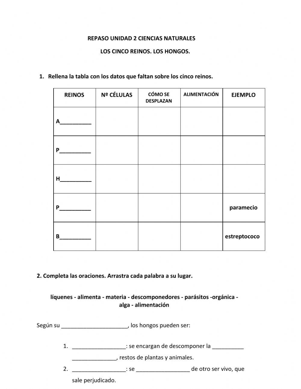Repaso 5 reinos y hongos