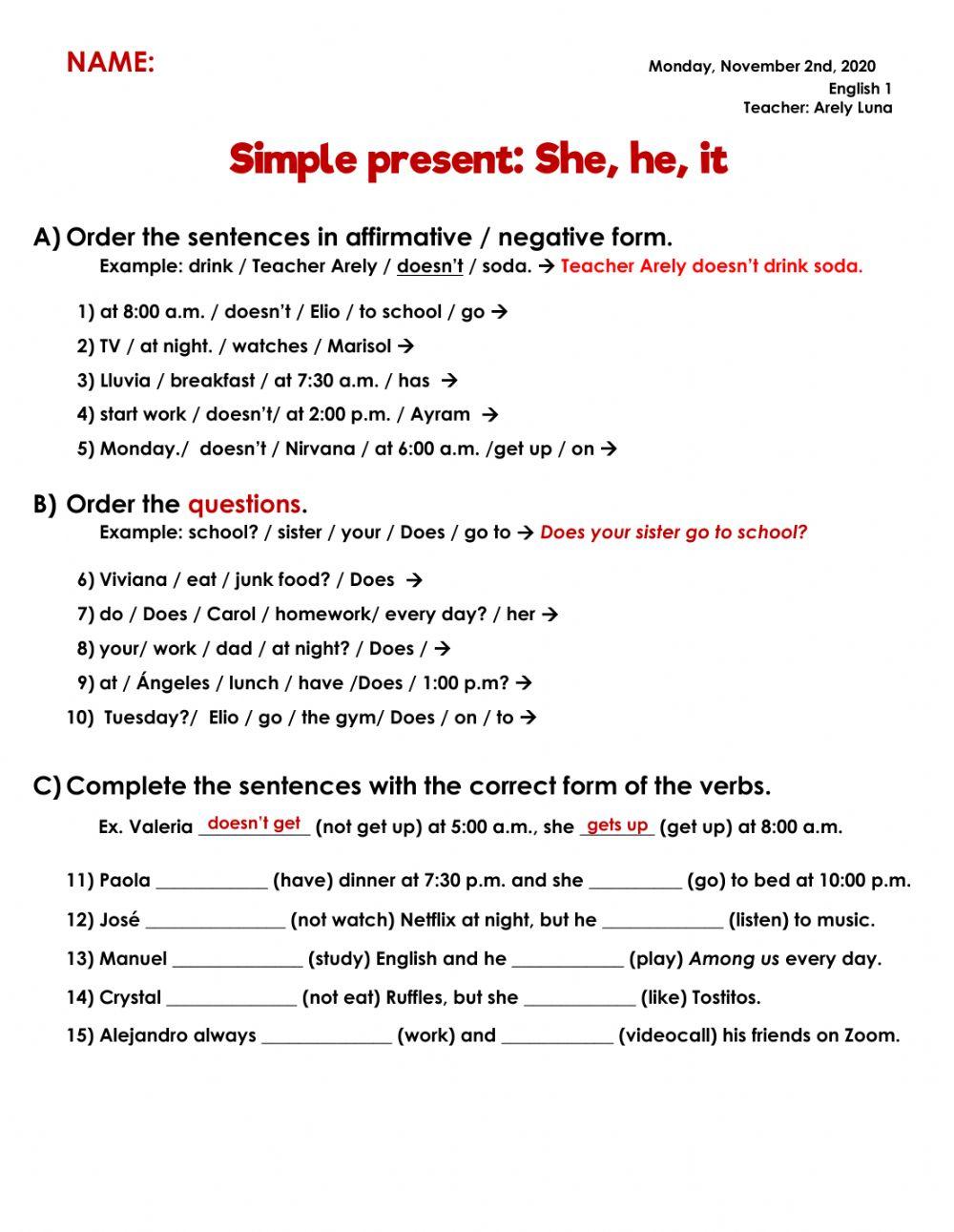 Simple present: She, he, it