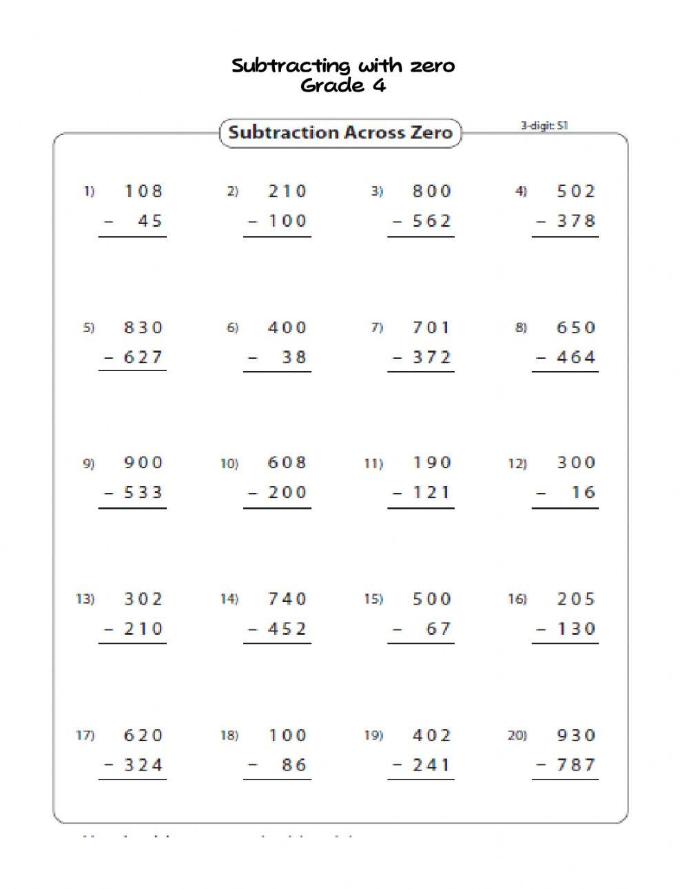 Subtract 3 digit with zero grade 4