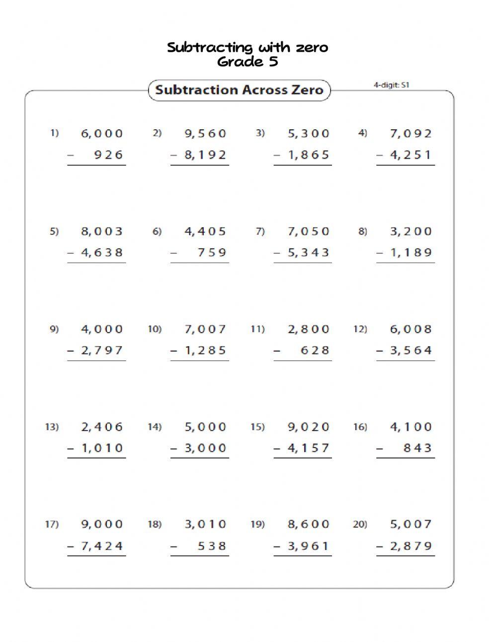 Subtract 4 digit with zero grade 5