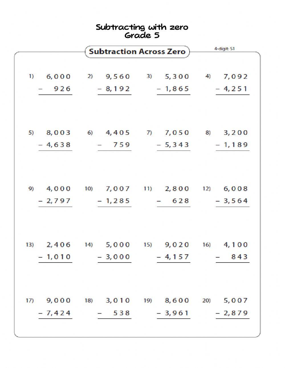 Subtract 4 digit with zero grade 5 Subtract 4 digit with zero grade 5