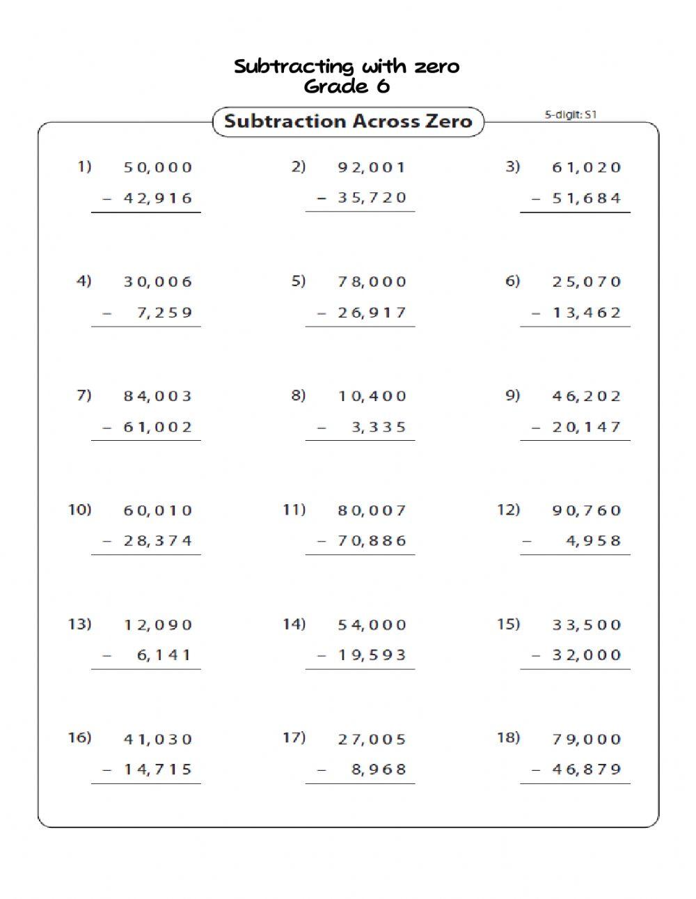Subtract 5 digit with zero grade 6